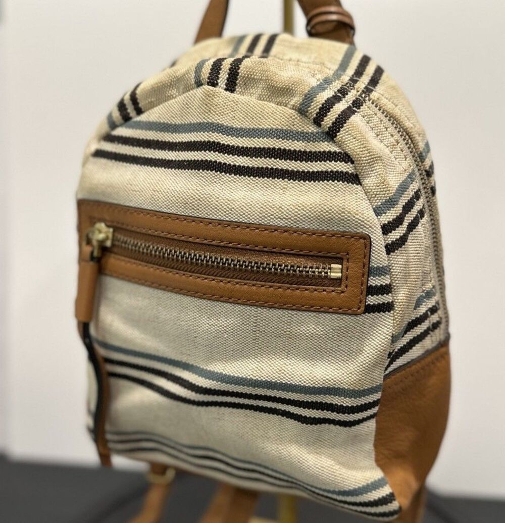 Fossil Megan Mini Backpack Striped Canvas Tan Brown Leather Trim Small Travel